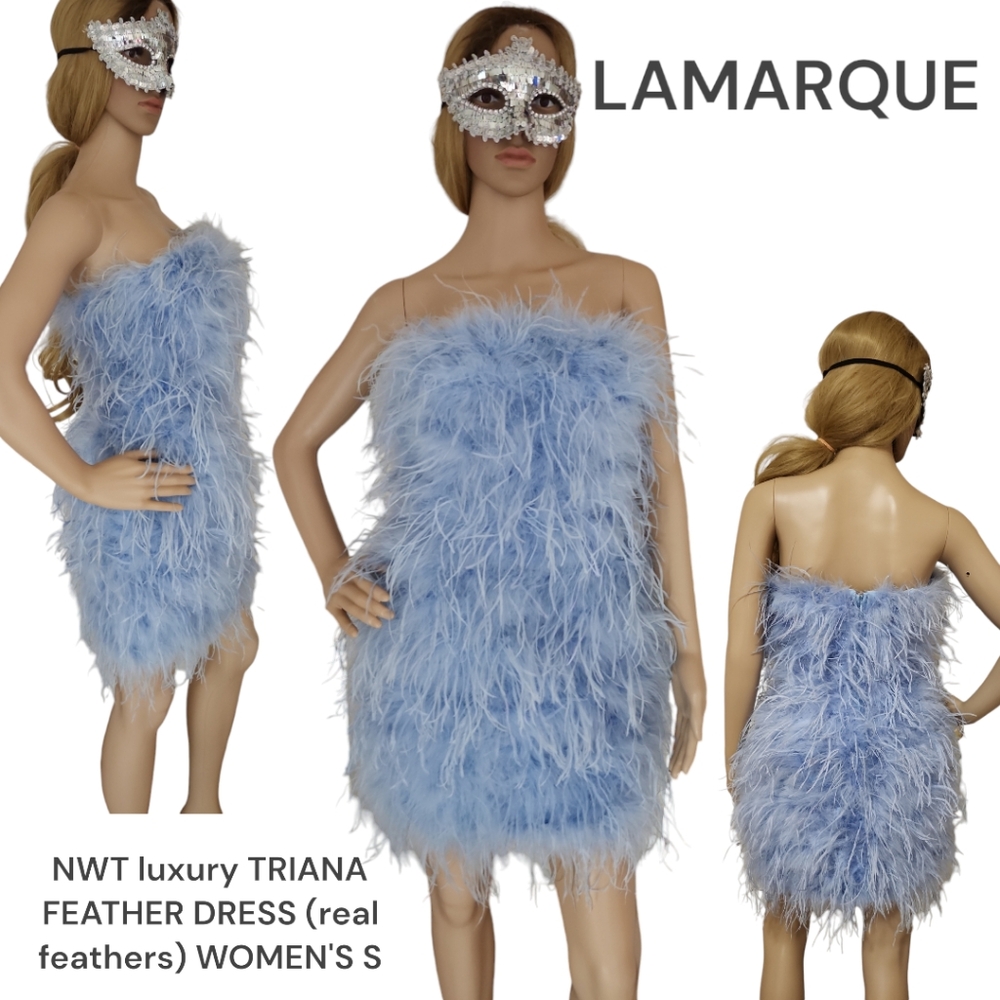 Lamarque Women Triana Ostrich Feather dress Baby blue strapless cocktail mini S